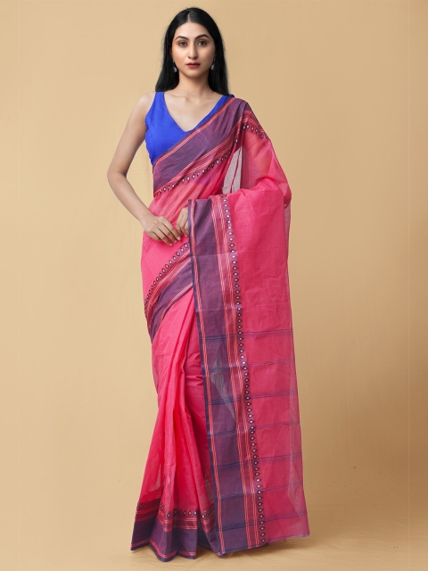 

Unnati Silks Pink & Blue Woven Design Pure Cotton Taant Saree