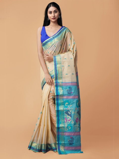 

Unnati Silks Beige & Turquoise Blue Ethnic Motifs Pure Silk Jamdani Saree