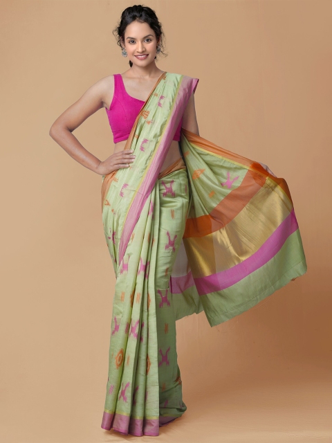 

Unnati Silks Green & Pink Woven Design Kanjivaram Silk Cotton Saree