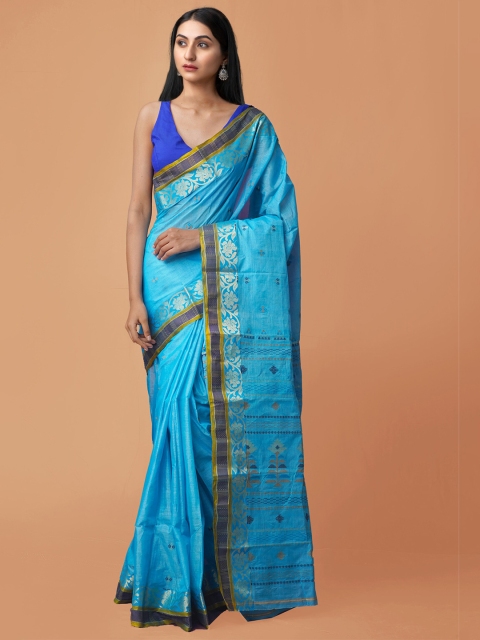 

Unnati Silks Blue & Gold-Toned Ethnic Motifs Zari Pure Silk Jamdani Saree
