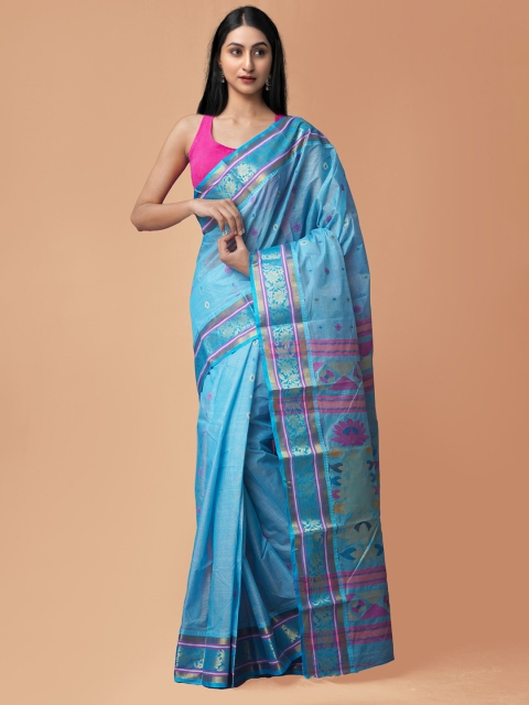 

Unnati Silks Blue Woven Design Pure Handloom Sustainable Bengal Silk Saree