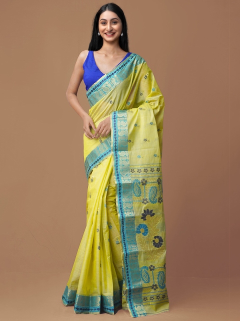

Unnati Silks Yellow & Blue Ethnic Motifs Zari Pure Silk Jamdani Saree