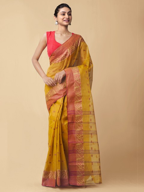 

Unnati Silks Mustard & Brown Ethnic Motifs Pure Cotton Taant Saree