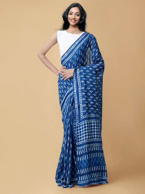 

Unnati Silks Blue & White Printed Pure Handloom Sustainable Preet Dabu Mulmul Cotton Saree