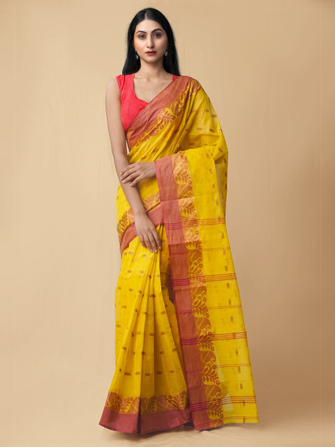 

Unnati Silks Yellow & Maroon Ethnic Motifs Pure Cotton Taant Saree
