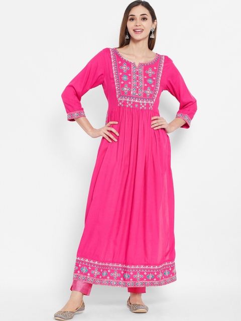 

Ramas Women Pink Yoke Embroidered Pleated Pure Cotton Kurta with Trousers