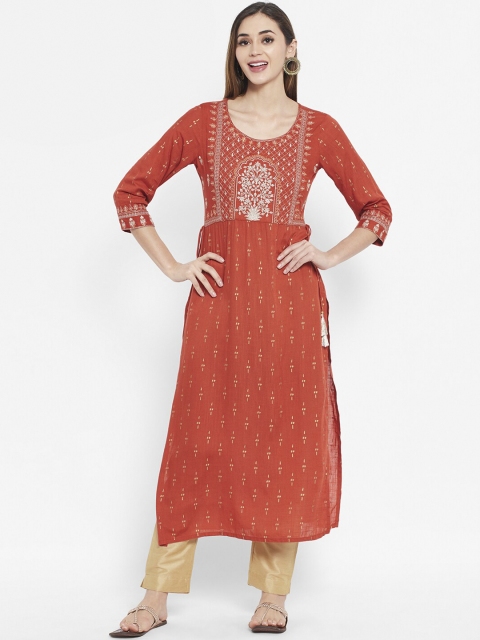 

Ramas Women Orange Ethnic Motifs Embroidery Cotton Kurta