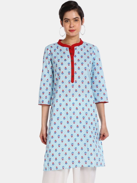 Karigari Women Blue & Red Floral Printed Pure Cotton Kurta