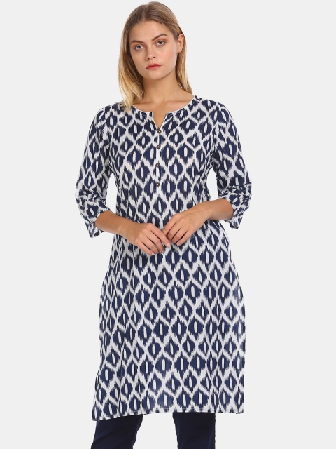 

Karigari Women White & Navy Blue Printed Kurta