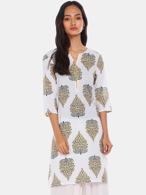 

Karigari Women White & Yellow Ethnic Motifs Printed Flared Sleeves Kurta