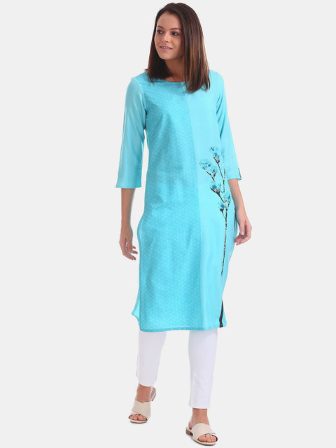 

Karigari Women Blue Floral Printed Kurta