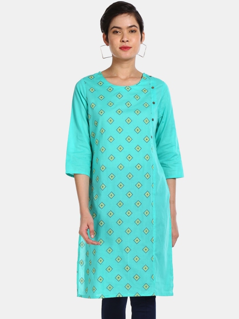 

Karigari Women Turquoise Blue & Yellow Geometric Printed Kurta