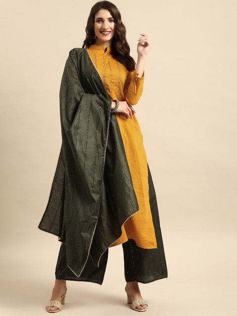 

all about you Women Mustard Yellow Striped Embroidered Kurta with Palazzos & With Dupatta
