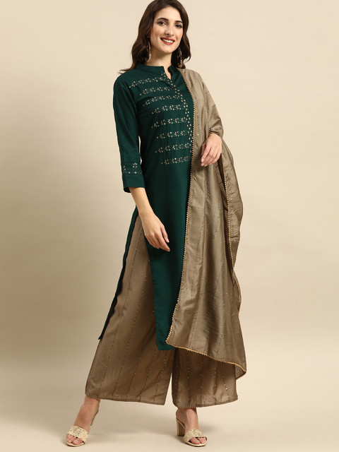 

all about you Women Green Floral Embroidered Kurta with Palazzos & With Dupatta