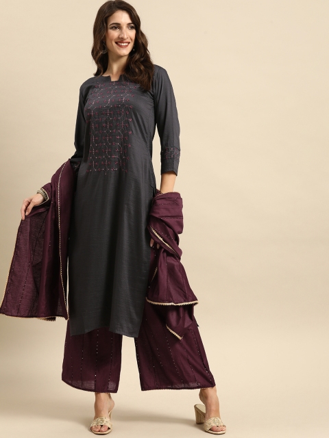 

all about you Women Black Geometric Embroidered Kurta with Palazzos & With Dupatta