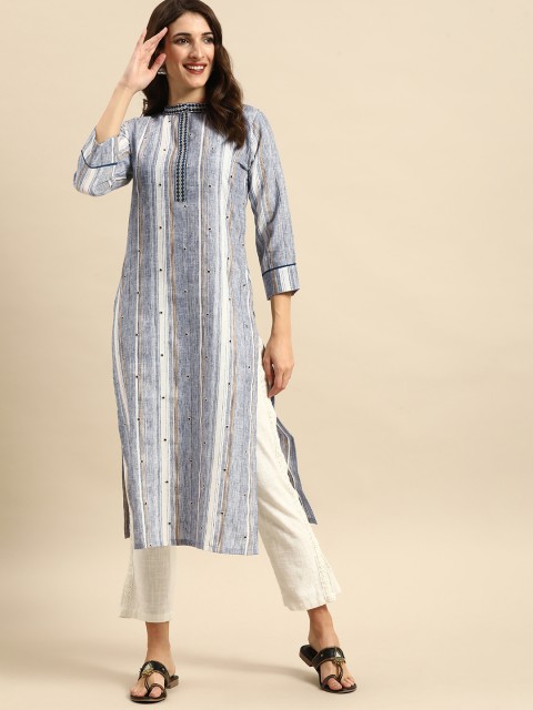 

all about you Women Blue & White Geometric Embroidered Pastels Khadi Kurta