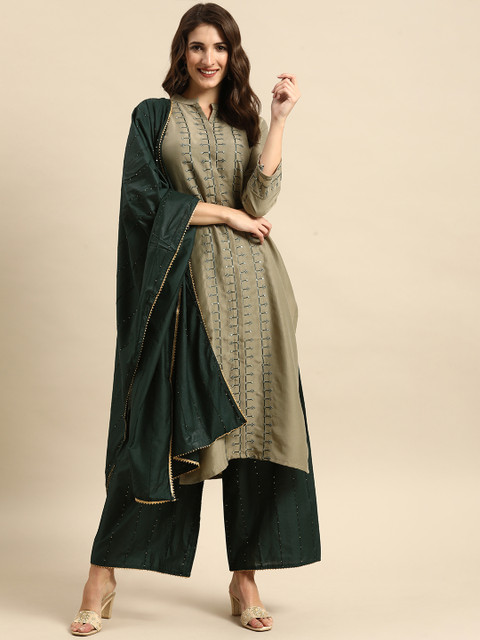 

all about you Women Grey Geometric Embroidered Kurta with Palazzos & With Dupatta
