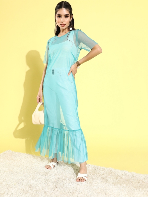 

LY2 Women Gorgeous Green Solid Net Dress