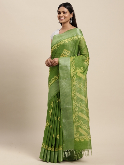 

swatika Green Woven Design Zari Silk Blend Block Print Saree