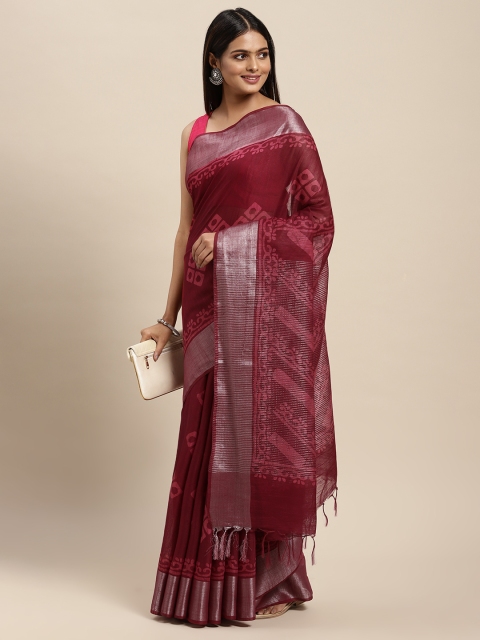 

swatika Maroon Woven Design Zari Silk Blend Block Print Saree