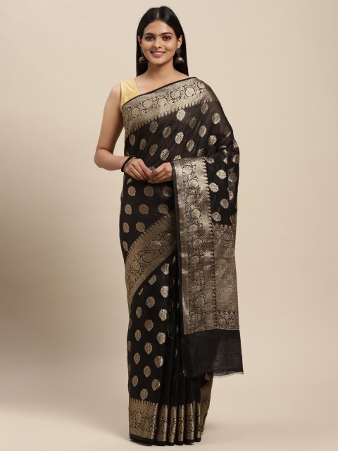 

swatika Black & Silver-Toned Ethnic Motifs Zari Pure Linen Banarasi Saree