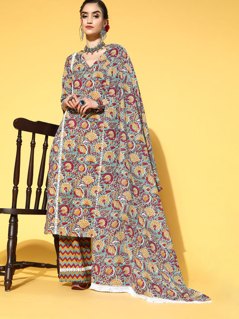 

kipek Women Navy Blue Floral Printed Kurta with Palazzos & With Dupatta