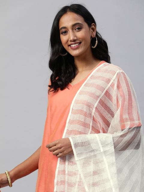 

swatika Women White Striped Bhagalpuri Handloom Silk Blend Dupatta