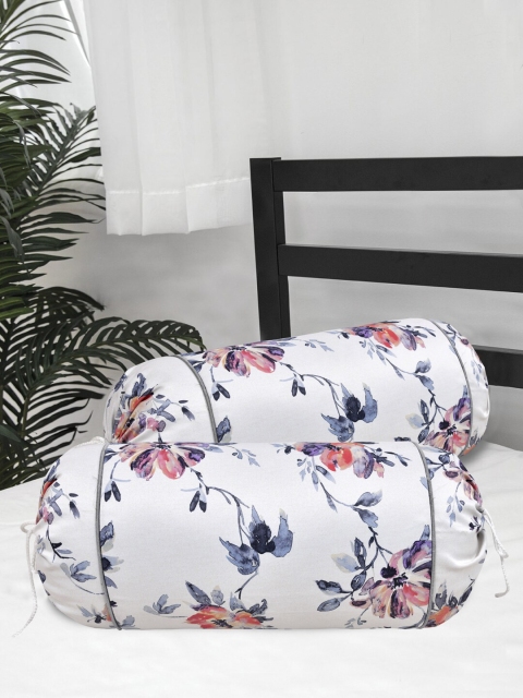 

Clasiko Set Of 2 White Printed Cotton Bolster Covers