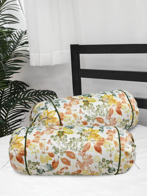 

Clasiko Set Of 2 Orange & Yellow Floral Printed Bolster Covers