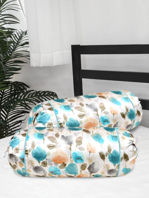 

Clasiko Set Of 2 Blue & Orange Printed Cotton Bolster Covers