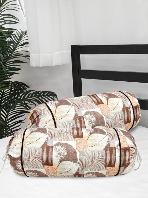 

Clasiko Set Of 2 Brown & White Printed Cotton Bolster Covers