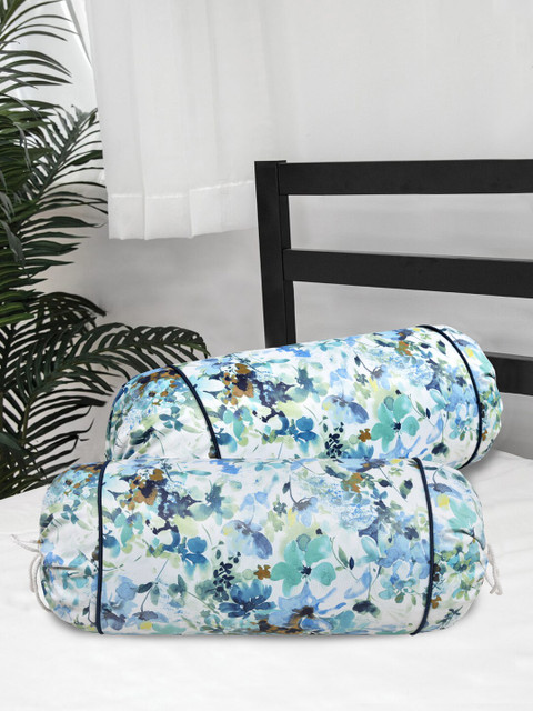 

Clasiko Set of 2 Blue & White Floral Printed 300 TC Cotton Bolster Covers