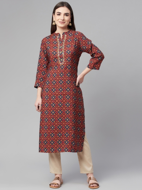 

Ardozaa Women Maroon & Blue Ethnic Motifs Printed Chanderi Silk Kurta