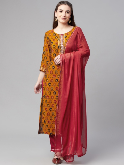 

Ardozaa Women Mustard Yellow Printed Chanderi Silk Kurta with Trousers & Dupatta