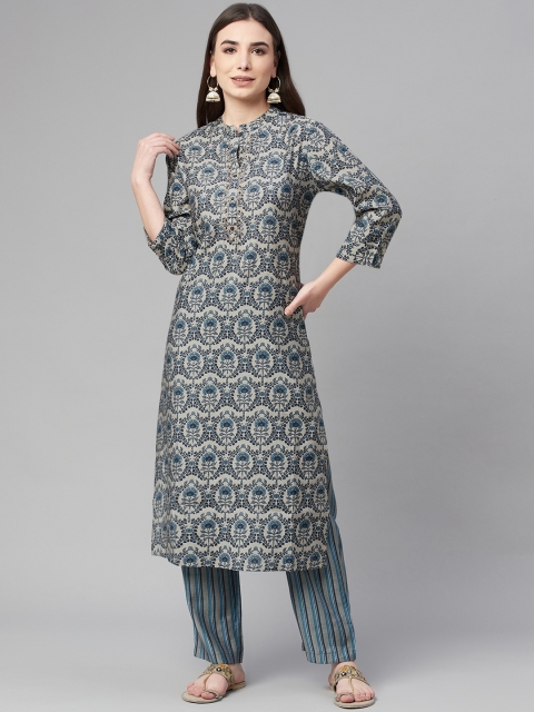 

Ardozaa Women Grey Ethnic Motifs Printed Pure Cotton Kurta with Trousers