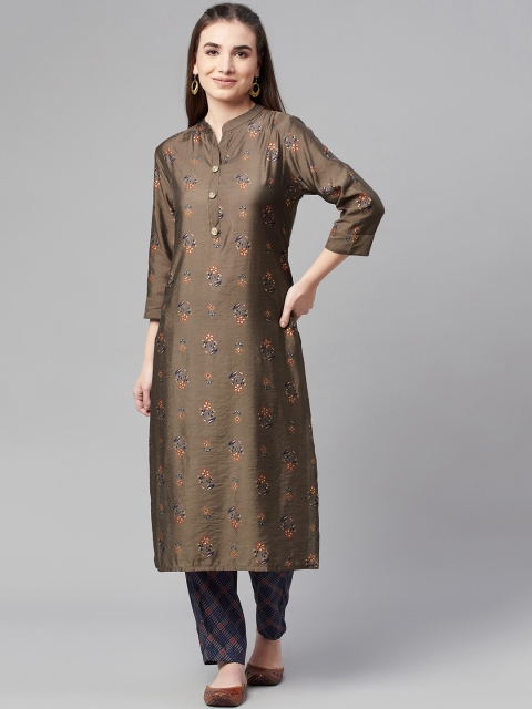 

Ardozaa Women Brown Ethnic Motifs Printed Chanderi Silk Kurta with Trousers