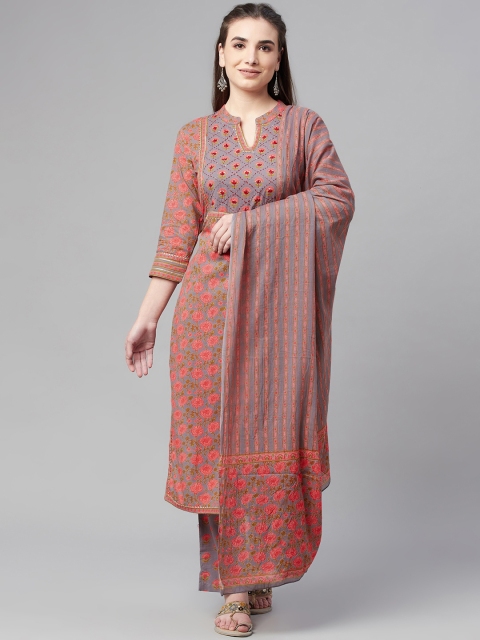

Ardozaa Women Grey Ethnic Motifs Printed Pure Cotton Kurta with Trousers & Dupatta