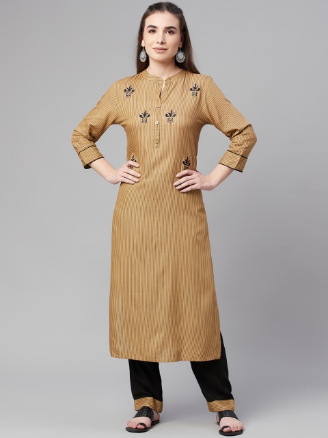 Ardozaa Women Camel Brown Striped Thread Work Kurta with Trousers