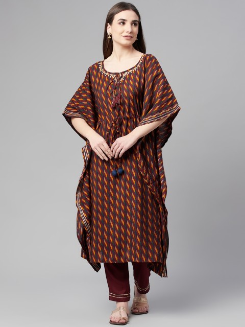 

Ardozaa Women Coffee Brown Printed Chanderi Silk Kaftan Kurta with Trousers
