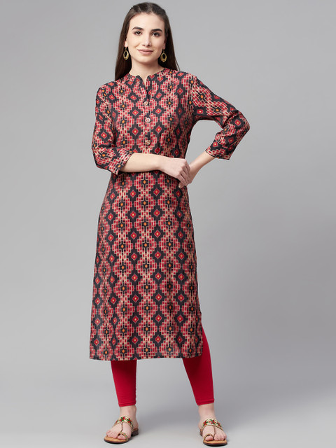 

Ardozaa Women Black & Red Geometric Printed Chanderi Silk Kurta
