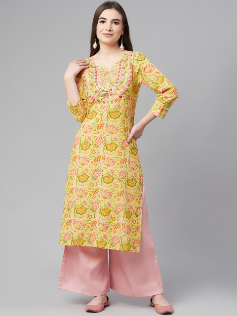 

Ardozaa Women Yellow Floral Printed Thread Work Kurta