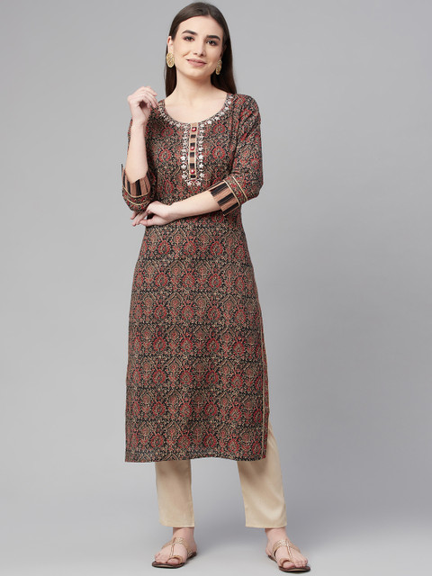 

Ardozaa Women Black & Red Geometric Printed Thread Work Kurta