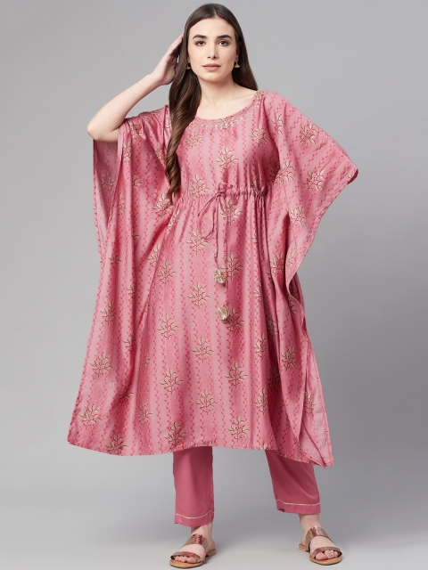 

Ardozaa Women Pink Ethnic Motifs Printed Chanderi Silk Kaftan Kurta with Trousers