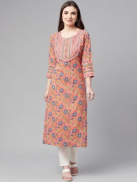 

Ardozaa Women Peach-Coloured & Blue Floral Printed Thread Work Kurta
