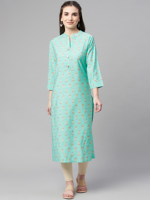 

Ardozaa Women Sea Green Ethnic Motifs Printed Chanderi Silk Kurta