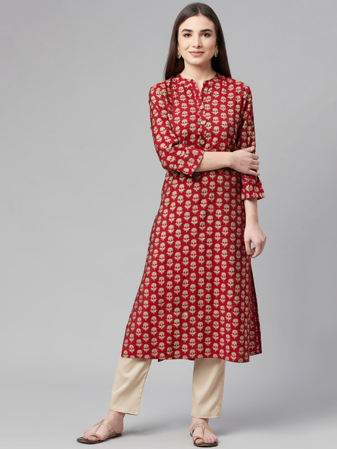 

Ardozaa Women Maroon Ethnic Motifs Printed Chanderi Silk Kurta