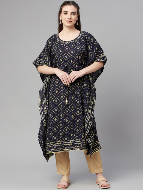 

Ardozaa Women Navy Blue Ethnic Motifs Printed Chanderi Silk Kaftan Kurta with Trousers