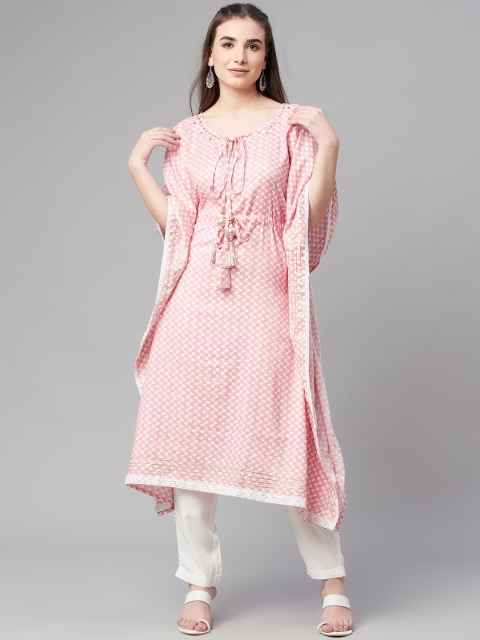 

Ardozaa Women Pink Ethnic Motifs Printed Tie-Up Neck Kaftan Kurta with Trousers