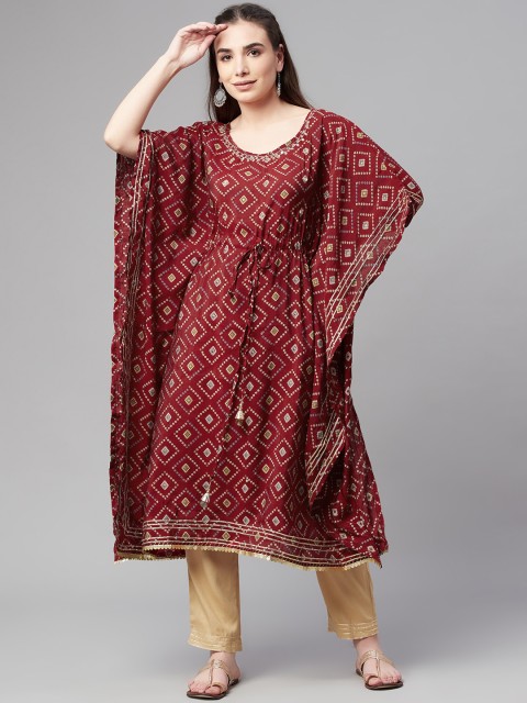 

Ardozaa Women Maroon Printed Chanderi Silk Kaftan Kurta with Trousers