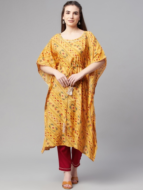 

Ardozaa Women Yellow Ethnic Motifs Printed Chanderi Silk Kaftan Kurta with Trousers